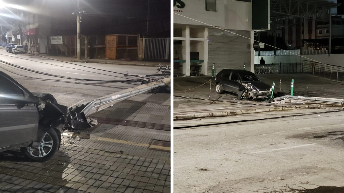Acidente no Pontilhão interdita trânsito e derruba poste durante a madrugada em Barbacena