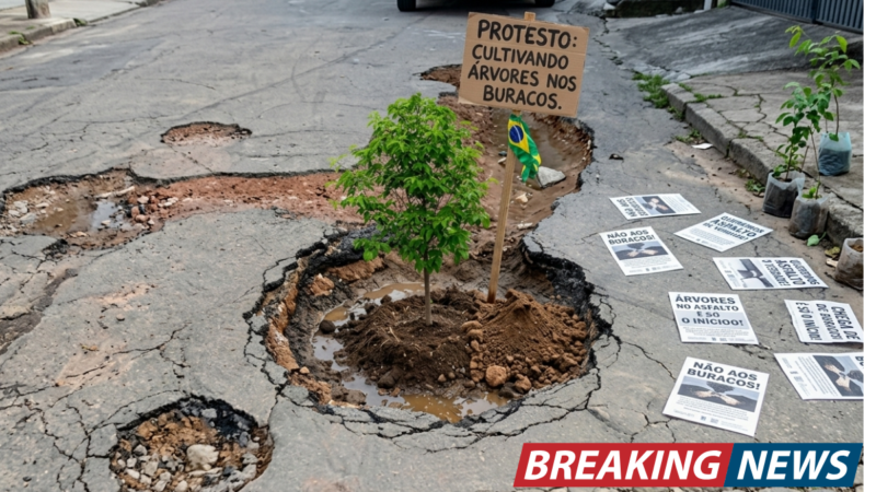 Protesto criativo transforma buracos em “canteiros” e escancara problema nas ruas de Barbacena