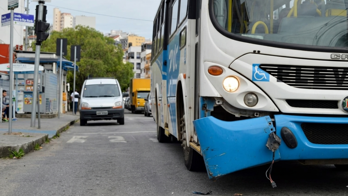 Ônibus circula com para-choque solto no Centro e expõe crise no transporte em Barbacena