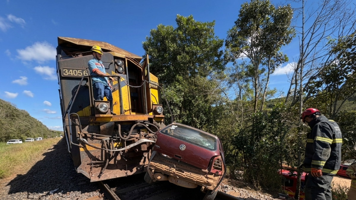 Tragédia nos trilhos: carro é arrastado por trem por 200 metros e motorista morre em Alfredo Vasconcelos